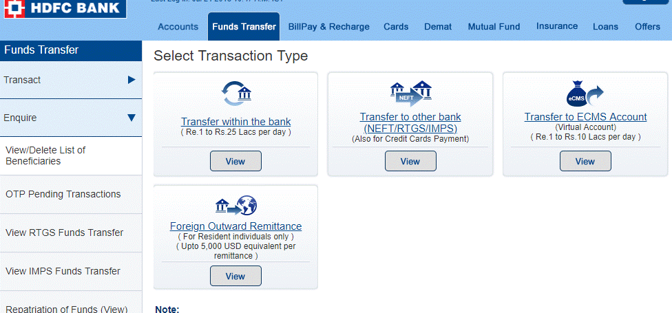 HDFC Beneficiaries option